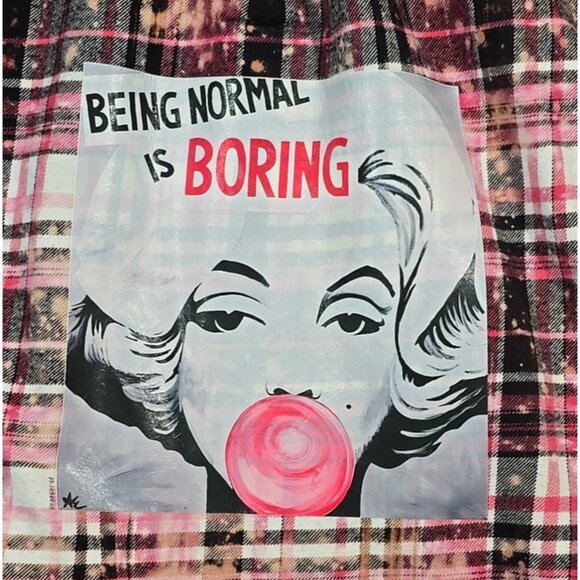 OOAK Upcycled Flannel Shacket Jacket Normal Is Boring Sassy Humor Pockets Size M - Picture 2 of 16